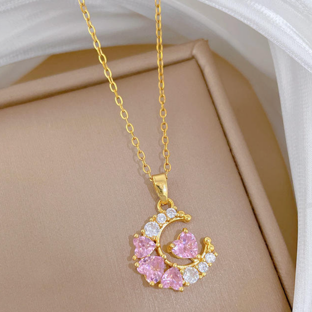 Luna Pink Heart Crescent Necklace