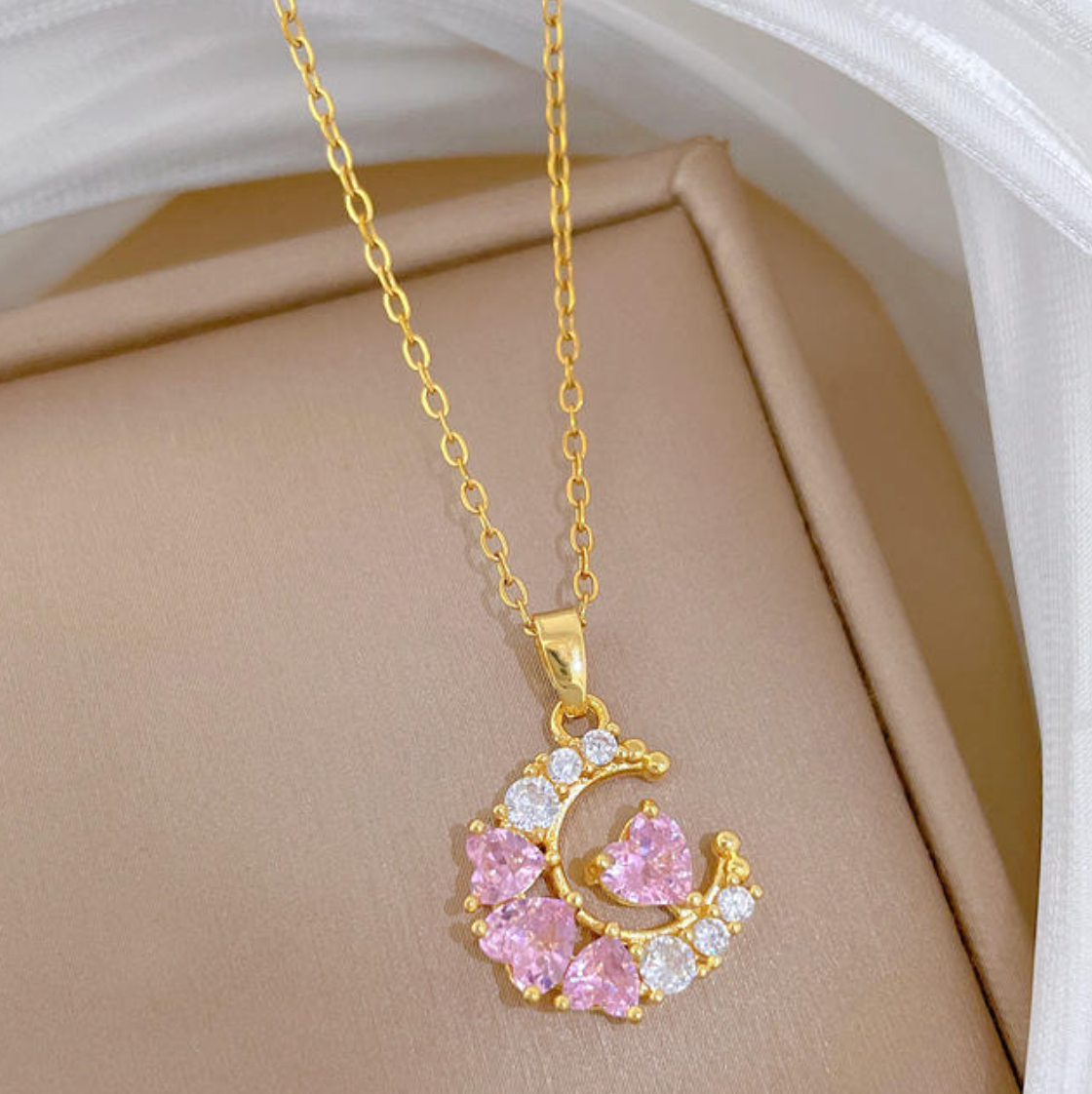 Luna Pink Heart Crescent Necklace